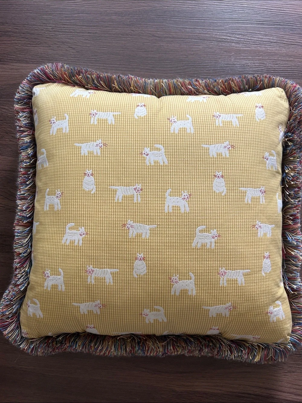 Yellow Cat Pattern Fringe Throw Pillow